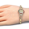 Oro Laminado Fancy Bracelet, Gold Filled Style Guadalupe and Flower Design, with Multicolor Crystal, Polished, Golden Finish, 03.253.0025.08 (05 MM Thickness, 8 Inches Length)