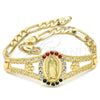 Oro Laminado Fancy Bracelet, Gold Filled Style Guadalupe and Flower Design, with Multicolor Crystal, Polished, Golden Finish, 03.253.0025.08 (05 MM Thickness, 8 Inches Length)
