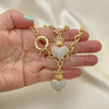 Oro Laminado Necklace and Bracelet, Gold Filled Style Heart and Crown Design, with White Crystal, Polished, Golden Finish, 06.63.0251