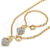 Oro Laminado Necklace and Bracelet, Gold Filled Style Heart and Crown Design, with White Crystal, Polished, Golden Finish, 06.63.0251