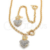 Oro Laminado Necklace and Bracelet, Gold Filled Style Heart and Crown Design, with White Crystal, Polished, Golden Finish, 06.63.0251