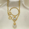 Oro Laminado Necklace and Bracelet, Gold Filled Style Heart and Crown Design, with White Crystal, Polished, Golden Finish, 06.63.0251