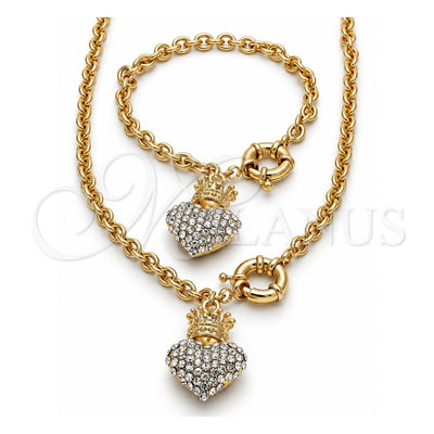 Oro Laminado Necklace and Bracelet, Gold Filled Style Heart and Crown Design, with White Crystal, Polished, Golden Finish, 06.63.0251