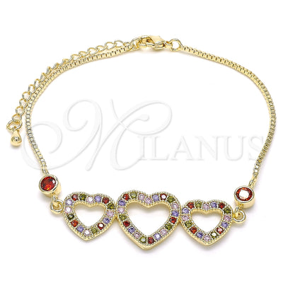 Oro Laminado Fancy Bracelet, Gold Filled Style Heart Design, with Multicolor Cubic Zirconia, Polished, Golden Finish, 03.221.0058.1.08 (01 MM Thickness, 8 Inches Length)