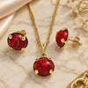 Oro Laminado Earring and Pendant Adult Set, Gold Filled Style with Ruby Cubic Zirconia, Polished, Golden Finish, 10.09.0038.3.18