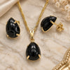Oro Laminado Earring and Pendant Adult Set, Gold Filled Style Teardrop Design, with Black Cubic Zirconia, Polished, Golden Finish, 10.09.0039.2.18
