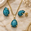 Oro Laminado Earring and Pendant Adult Set, Gold Filled Style Teardrop Design, with Turquoise Cubic Zirconia, Polished, Golden Finish, 10.09.0039.3.18