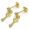 Oro Laminado Stud Earring, Gold Filled Style key Design, with White Cubic Zirconia, Polished, Golden Finish, 02.09.0165