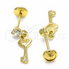Oro Laminado Stud Earring, Gold Filled Style key Design, with White Cubic Zirconia, Polished, Golden Finish, 02.09.0165
