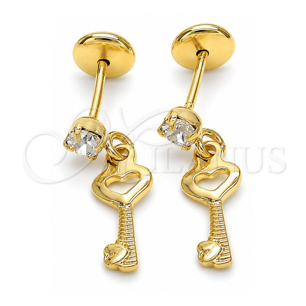 Oro Laminado Stud Earring, Gold Filled Style key Design, with White Cubic Zirconia, Polished, Golden Finish, 02.09.0165