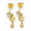 Oro Laminado Stud Earring, Gold Filled Style key Design, with White Cubic Zirconia, Polished, Golden Finish, 02.09.0165