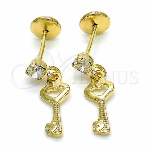 Oro Laminado Stud Earring, Gold Filled Style key Design, with White Cubic Zirconia, Polished, Golden Finish, 02.09.0165