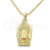 Oro Laminado Religious Pendant, Gold Filled Style Guadalupe Design, with Garnet Crystal, Polished, Golden Finish, 05.213.0035