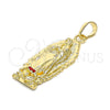 Oro Laminado Religious Pendant, Gold Filled Style Guadalupe Design, with Garnet Crystal, Polished, Golden Finish, 05.213.0035