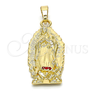 Gold Filled Pendant — Religious Pendant Guadalupe Design with Garnet Crystal Polished — main product view — SKU 124857 | Oro Laminado dije — Religious Pendant Guadalupe diseño with Garnet cristal pulido — SKU 124857