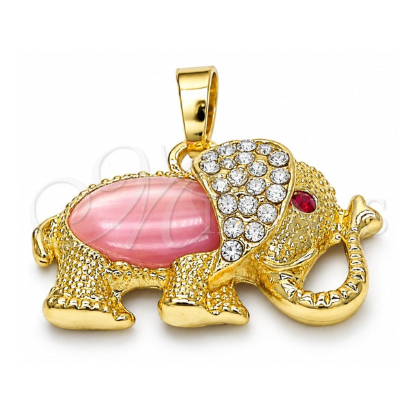 Oro Laminado Fancy Pendant, Gold Filled Style Elephant Design, with Garnet and White Crystal, Polished, Golden Finish, 05.213.0042