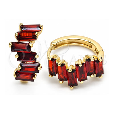 Oro Laminado Huggie Hoop, Gold Filled Style Baguette Design, with Garnet Micro Pave, Polished, Golden Finish, 02.316.0029.15