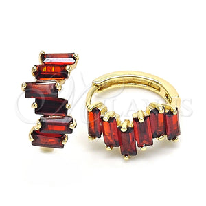 Gold Filled Hoop Earrings — Huggie Hoop Baguette Design with Garnet Micro Pave — main product view — SKU 124873 | Oro Laminado aretes de aro — Huggie Hoop Baguette diseño with Garnet Micro Pave — SKU 124873