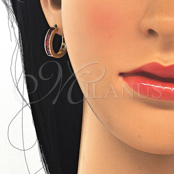 Gold Filled Hoop Earrings — Huggie Hoop with Garnet Cubic Zirconia Polished 02. — main product view — SKU 124890 | Oro Laminado aretes de aro — Huggie Hoop with Garnet Cubic Zirconia pulido 02. — SKU 124890