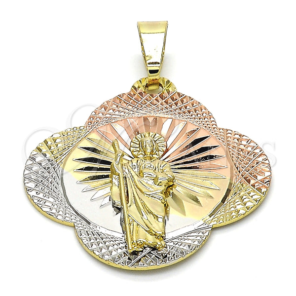 Oro Laminado Religious Pendant, Gold Filled Style San Judas Design, Diamond Cutting Finish, Tricolor, 05.253.0045