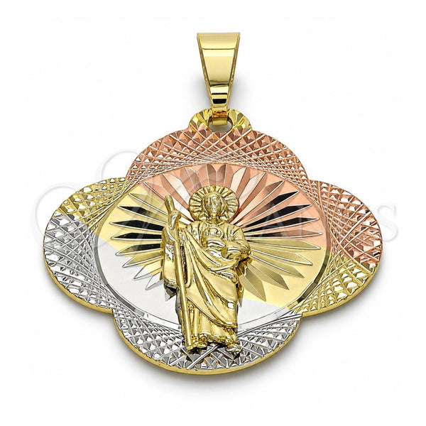 Oro Laminado Religious Pendant, Gold Filled Style San Judas Design, Diamond Cutting Finish, Tricolor, 05.253.0045