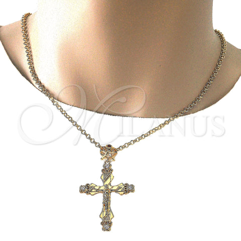 Oro Laminado Religious Pendant, Gold Filled Style Crucifix Design, with Garnet and White Cubic Zirconia, Polished, Golden Finish, 05.253.0048