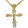 Oro Laminado Religious Pendant, Gold Filled Style Crucifix Design, with Garnet and White Cubic Zirconia, Polished, Golden Finish, 05.253.0048