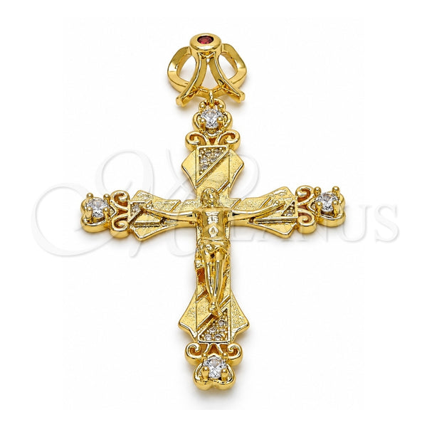 Oro Laminado Religious Pendant, Gold Filled Style Crucifix Design, with Garnet and White Cubic Zirconia, Polished, Golden Finish, 05.253.0048