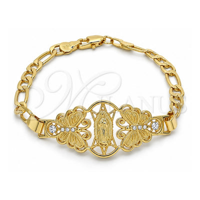 Oro Laminado Fancy Bracelet, Gold Filled Style Guadalupe and Butterfly Design, with White Crystal, Polished, Golden Finish, 03.253.0027.07 (05 MM Thickness, 7 Inches Length)
