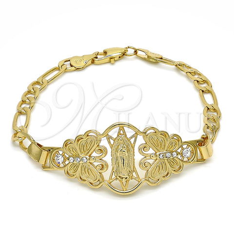 Oro Laminado Fancy Bracelet, Gold Filled Style Guadalupe and Butterfly Design, with White Crystal, Polished, Golden Finish, 03.253.0027.07 (05 MM Thickness, 7 Inches Length)