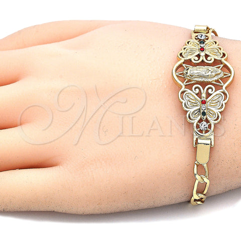 Oro Laminado Fancy Bracelet, Gold Filled Style Guadalupe and Butterfly Design, with Multicolor Crystal, Polished, Golden Finish, 03.253.0027.1.07 (05 MM Thickness, 7 Inches Length)