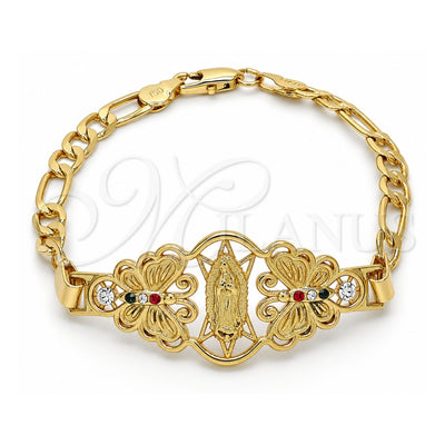Oro Laminado Fancy Bracelet, Gold Filled Style Guadalupe and Butterfly Design, with Multicolor Crystal, Polished, Golden Finish, 03.253.0027.1.07 (05 MM Thickness, 7 Inches Length)
