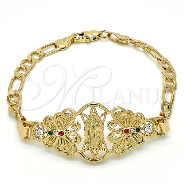 Oro Laminado Fancy Bracelet, Gold Filled Style Guadalupe and Butterfly Design, with Multicolor Crystal, Polished, Golden Finish, 03.253.0027.1.07 (05 MM Thickness, 7 Inches Length)