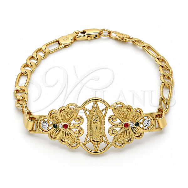 Oro Laminado Fancy Bracelet, Gold Filled Style Guadalupe and Butterfly Design, with Multicolor Crystal, Polished, Golden Finish, 03.253.0027.1.07 (05 MM Thickness, 7 Inches Length)