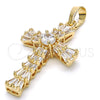 Oro Laminado Religious Pendant, Gold Filled Style Cross and Baguette Design, with White Cubic Zirconia, Polished, Golden Finish, 05.316.0002