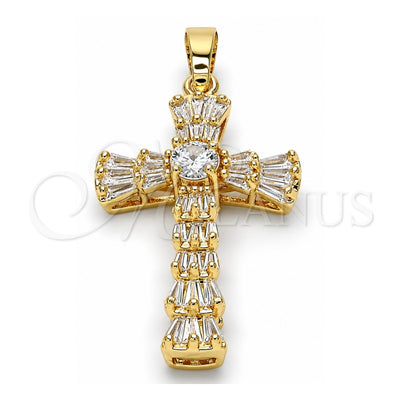 Oro Laminado Religious Pendant, Gold Filled Style Cross and Baguette Design, with White Cubic Zirconia, Polished, Golden Finish, 05.316.0002