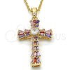 Oro Laminado Religious Pendant, Gold Filled Style Cross and Baguette Design, with Multicolor Cubic Zirconia, Polished, Golden Finish, 05.316.0002.1