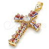 Oro Laminado Religious Pendant, Gold Filled Style Cross and Baguette Design, with Multicolor Cubic Zirconia, Polished, Golden Finish, 05.316.0002.1