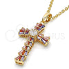 Oro Laminado Religious Pendant, Gold Filled Style Cross and Baguette Design, with Multicolor Cubic Zirconia, Polished, Golden Finish, 05.316.0002.1