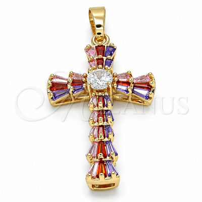Oro Laminado Religious Pendant, Gold Filled Style Cross and Baguette Design, with Multicolor Cubic Zirconia, Polished, Golden Finish, 05.316.0002.1