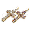 Oro Laminado Religious Pendant, Gold Filled Style Cross and Baguette Design, with Multicolor Cubic Zirconia, Polished, Golden Finish, 05.316.0002.1