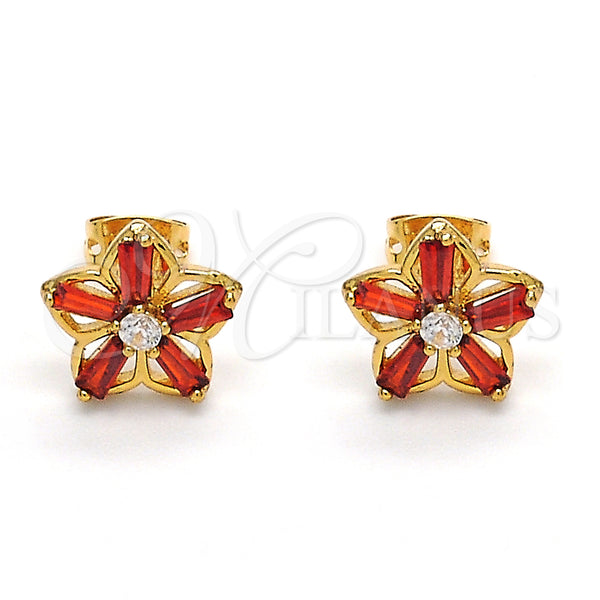 Gold Filled Ring — Stud Earring Flower and Baguette Design with Garnet — alternate product view — SKU 124915 | Oro Laminado anillo — Stud Earring flor and Baguette diseño with Garnet — SKU 124915