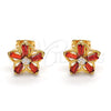 Oro Laminado Stud Earring, Gold Filled Style Flower and Baguette Design, with Garnet and White Cubic Zirconia, Polished, Golden Finish, 02.210.0250