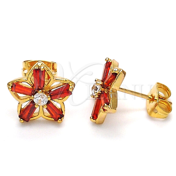 Oro Laminado Stud Earring, Gold Filled Style Flower and Baguette Design, with Garnet and White Cubic Zirconia, Polished, Golden Finish, 02.210.0250