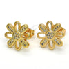 Oro Laminado Stud Earring, Gold Filled Style Flower Design, with White Micro Pave, Polished, Golden Finish, 02.284.0018