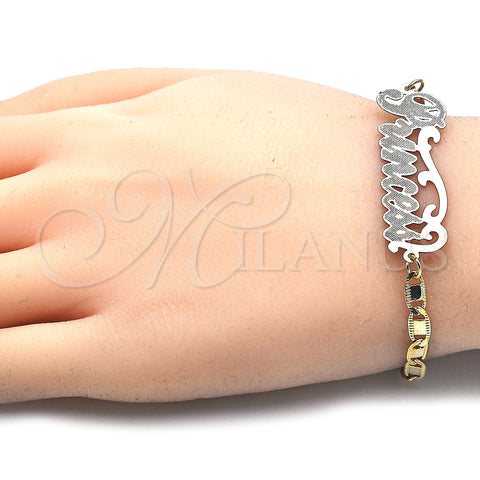 Oro Laminado Fancy Bracelet, Gold Filled Style Nameplate Design, Polished, Tricolor, 03.63.1966.1.08 (04 MM Thickness, 8 Inches Length)