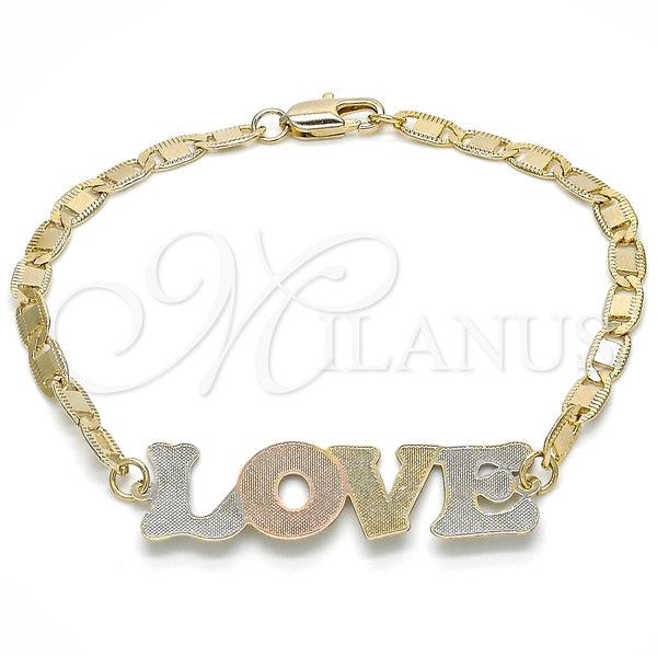 Gold Filled Bracelet — Fancy Bracelet Nameplate and Love Design Polished Tricolor — main product view — SKU 125008 | Oro Laminado brazalete — elegante Bracelet Nameplate and Love diseño pulido Tricolor — SKU 125008