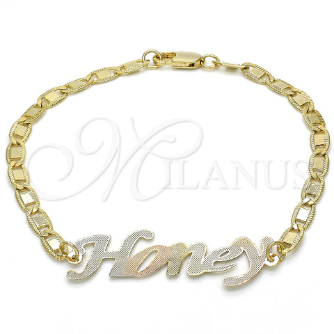 Oro Laminado Fancy Bracelet, Gold Filled Style Nameplate Design, Polished, Tricolor, 03.63.1977.1.08 (04 MM Thickness, 8 Inches Length)