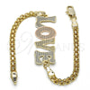 Oro Laminado Fancy Bracelet, Gold Filled Style Nameplate and Love Design, Polished, Tricolor, 03.63.1972.1.08 (04 MM Thickness, 8 Inches Length)