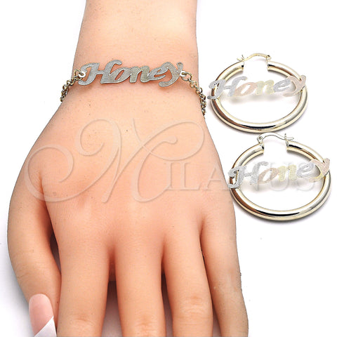 Oro Laminado Necklace, Bracelet and Earring, Gold Filled Style Polished, Tricolor, 06.63.0250.1